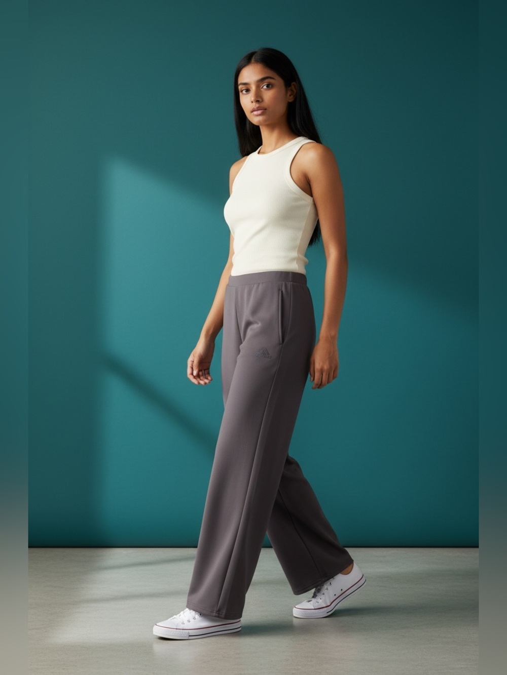 Adidas Wide-Leg Track Pants in Charcoal Gray